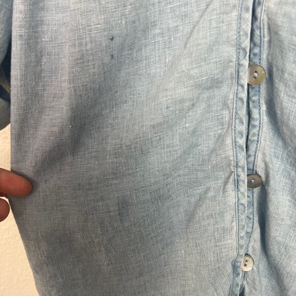 Ali Miles Women's Large 100% Linen Chambray Blue Roll Tab Sleeve Button Up Top - Picture 8 of 8